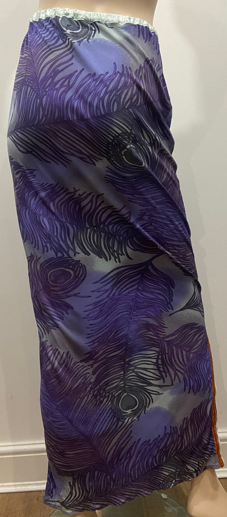 VOYAGE INVEST IN THE ORIGINAL Purple Silk Peacock Feather Print Long Maxi Skirt