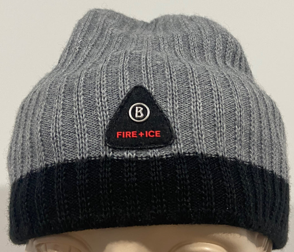 BOGNOR FIRE & ICE Unisex Grey Black Wool Blend Ribbed Branded Pull On Beanie Hat L