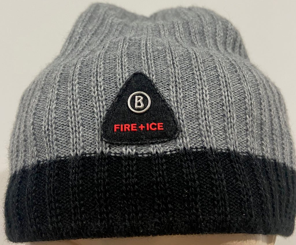 BOGNOR FIRE & ICE Unisex Grey Black Wool Blend Ribbed Branded Pull On Beanie Hat L