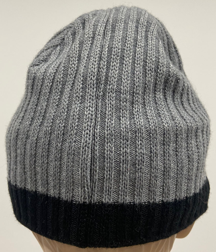 BOGNOR FIRE & ICE Unisex Grey Black Wool Blend Ribbed Branded Pull On Beanie Hat L