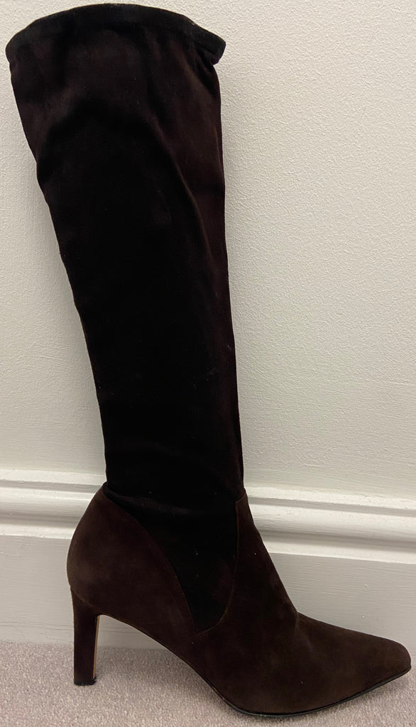 GINA Chocolate Brown Leather Suede Pointed Toe Knee High Stiletto Heel Boots 6.5