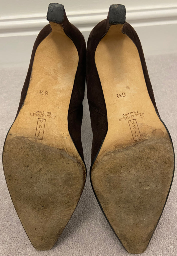 GINA Chocolate Brown Leather Suede Pointed Toe Knee High Stiletto Heel Boots 6.5