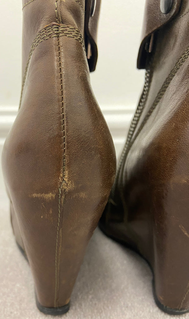 RICK OWENS Women's Brown Leather Concealed Platform Wedge Ankle Boots 39 UK6