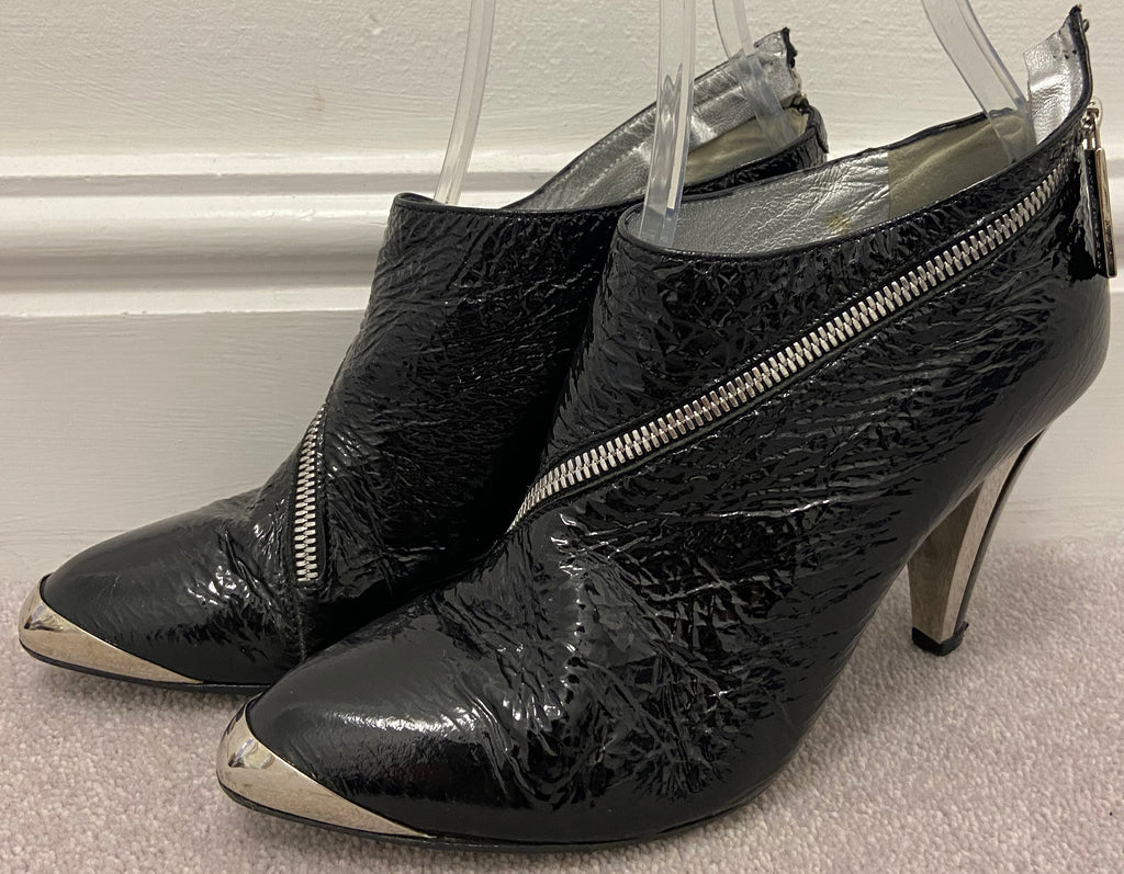 PATRICK COX Womens Black Creased Leather Patent Silver Detail Ankle Boots 39 UK6