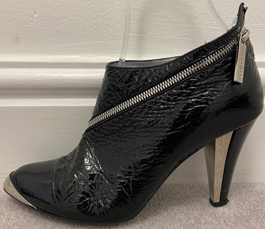 PATRICK COX Womens Black Creased Leather Patent Silver Detail Ankle Boots 39 UK6