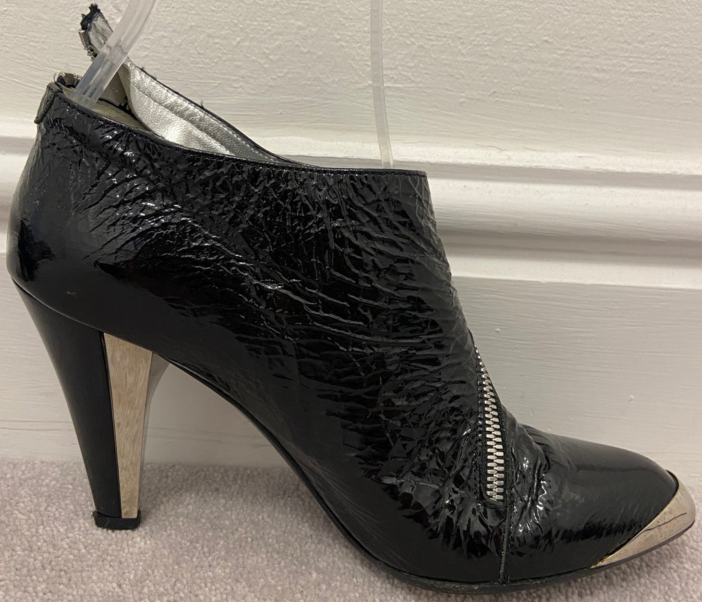 PATRICK COX Womens Black Creased Leather Patent Silver Detail Ankle Boots 39 UK6