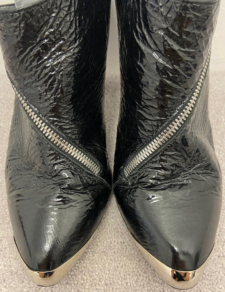 PATRICK COX Womens Black Creased Leather Patent Silver Detail Ankle Boots 39 UK6