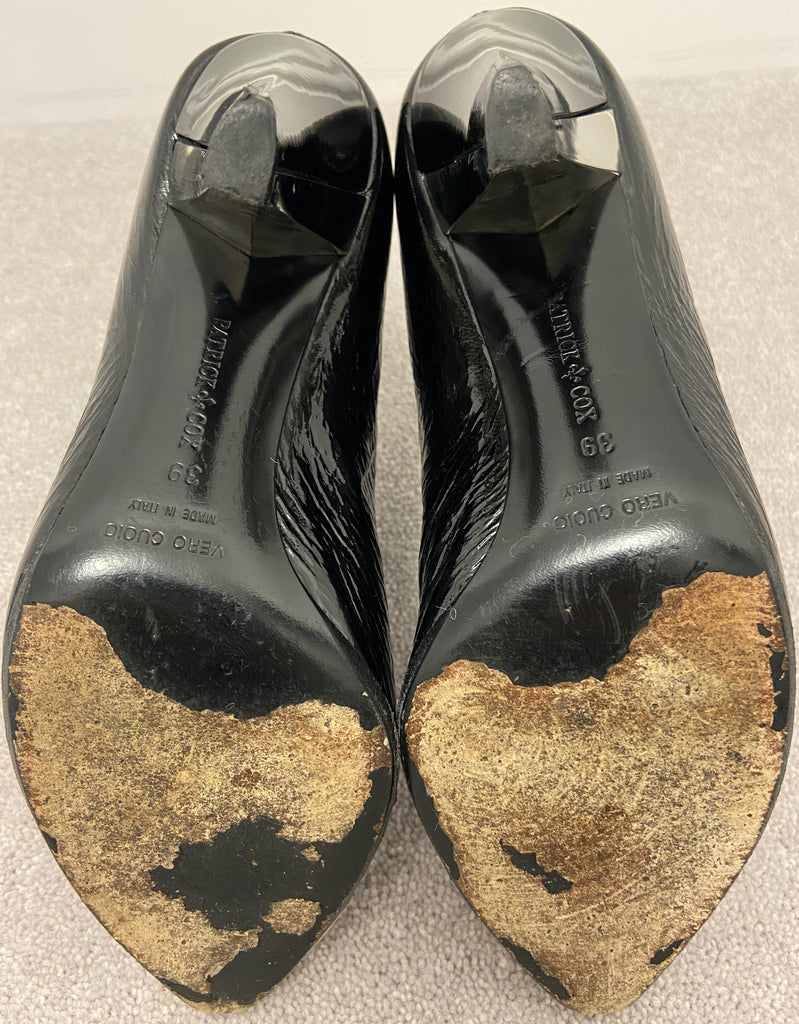 PATRICK COX Womens Black Creased Leather Patent Silver Detail Ankle Boots 39 UK6