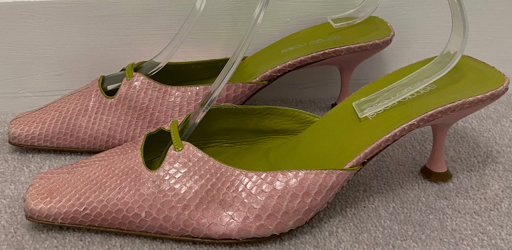 SERGIO ROSSI Pink Green Leather Slip On Square Toe Kitten Heel Mules Shoes 39