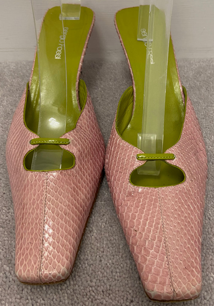 SERGIO ROSSI Pink Green Leather Slip On Square Toe Kitten Heel Mules Shoes 39