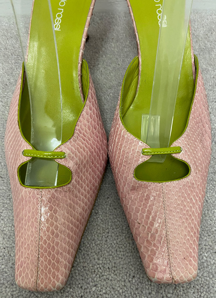 SERGIO ROSSI Pink Green Leather Slip On Square Toe Kitten Heel Mules Shoes 39