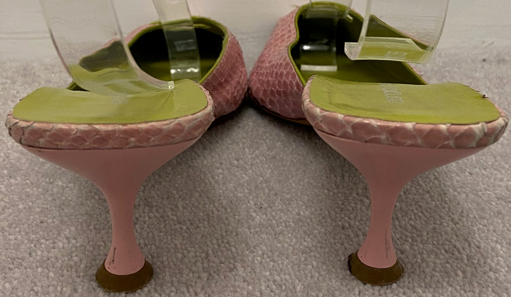 SERGIO ROSSI Pink Green Leather Slip On Square Toe Kitten Heel Mules Shoes 39