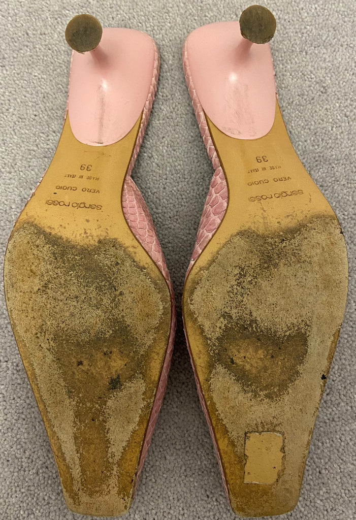 SERGIO ROSSI Pink Green Leather Slip On Square Toe Kitten Heel Mules Shoes 39