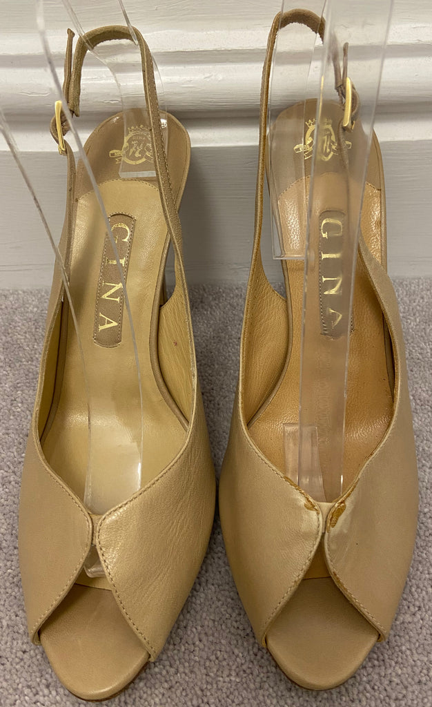 GINA Beige Real Leather Peep Toe Sling Back Ankle Strap Sandals Shoes UK6 39 NEW