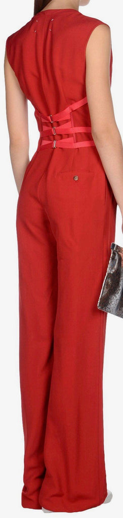 MAISON MARGIELA Red Wool Blend Corset Detail Sleeveless Wide Leg Jumpsuit 40/8