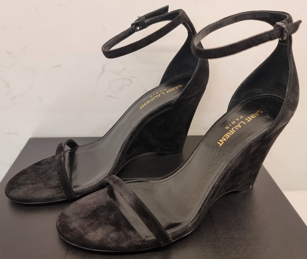 SAINT LAURENT Black Leather Suede LILA 85 Open Toe Wedge Sandals EU37.5 UK4.5