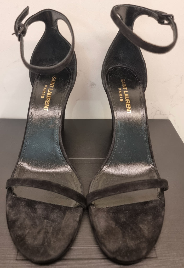 SAINT LAURENT Black Leather Suede LILA 85 Open Toe Wedge Sandals EU37.5 UK4.5