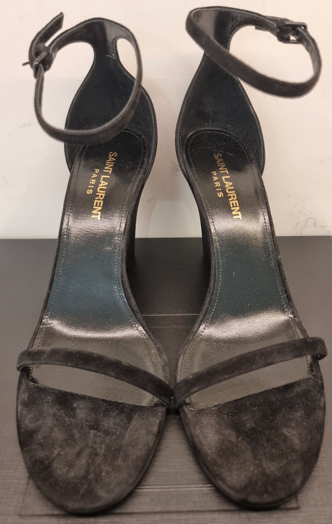 SAINT LAURENT Black Leather Suede LILA 85 Open Toe Wedge Sandals EU37.5 UK4.5