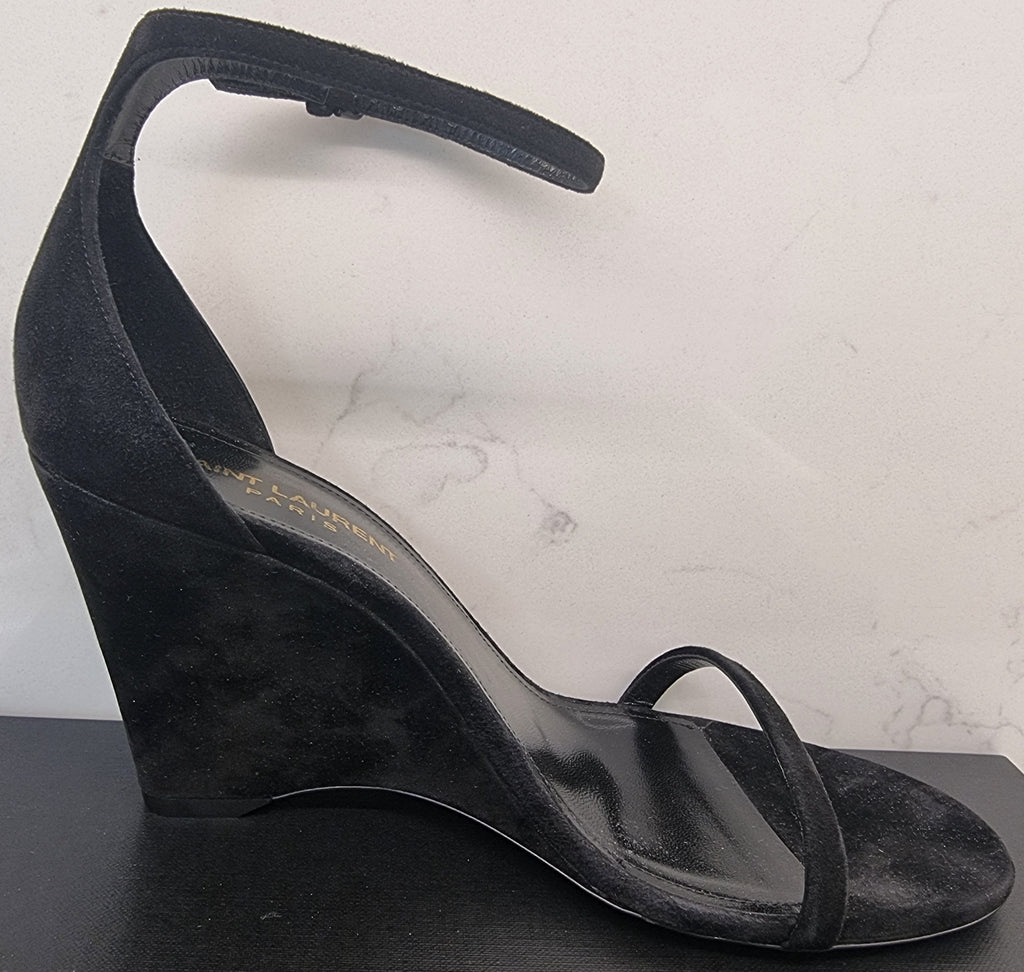 SAINT LAURENT Black Leather Suede LILA 85 Open Toe Wedge Sandals EU37.5 UK4.5