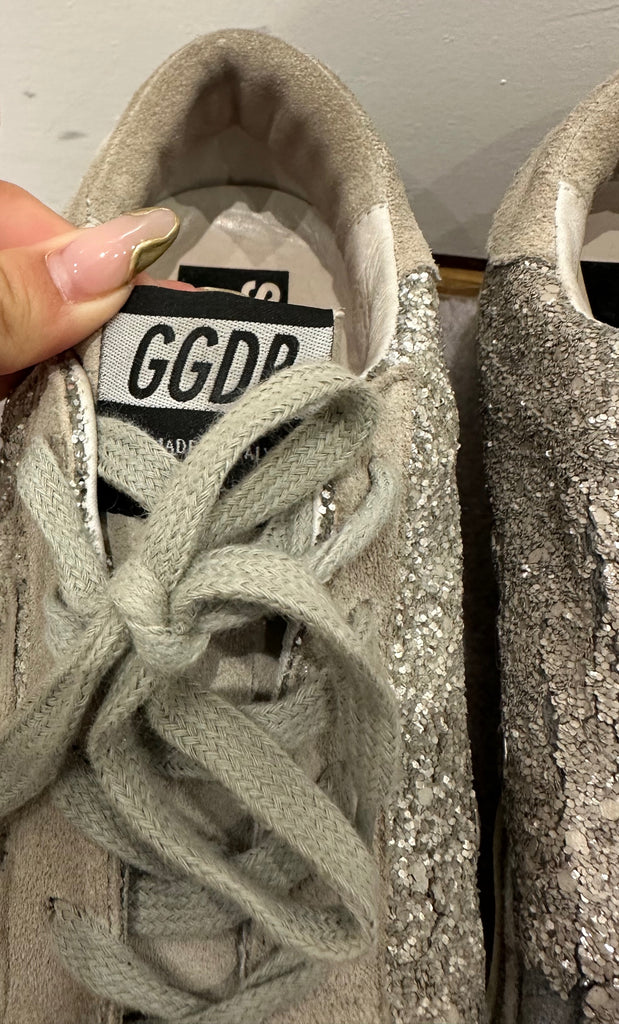 GOLDEN GOOSE DELUXE BRAND Superstar Silver Grey Glitter and Suede Sneakers UK6