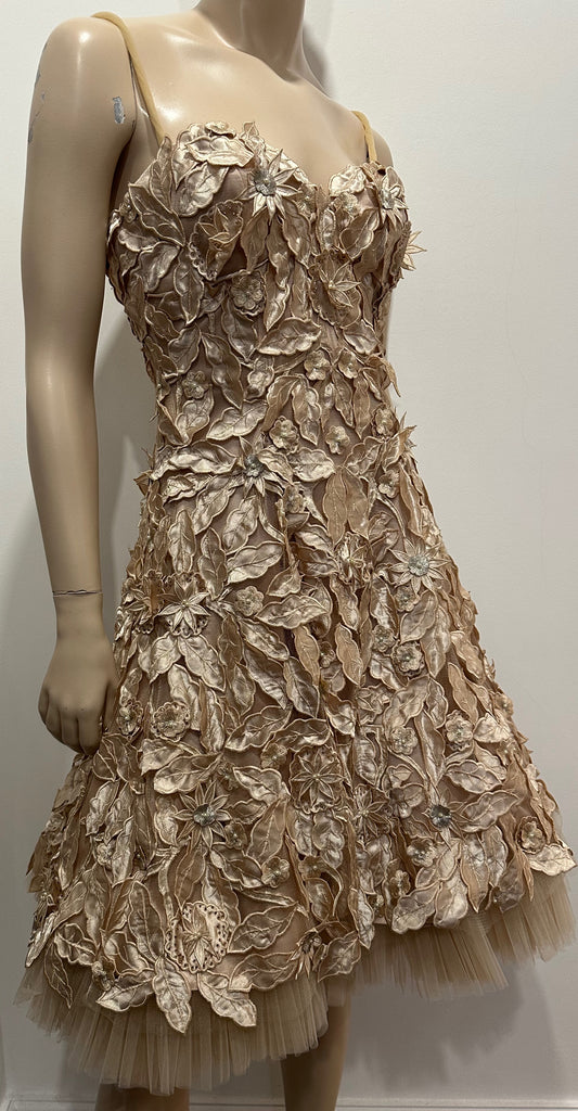 JOVANI Champagne Floral Stitch and Mesh Sleeveless Cocktail Evening Dress - US 4 UK8