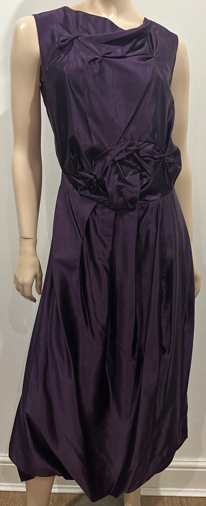 PEACHOO KREJBERG Purple Silk & Cotton Ruffle Pleated Sleeveless Midi Dress UK10