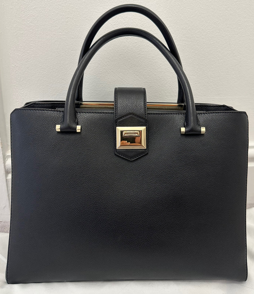 JIMMY CHOO Black Leather Dual Handle Gold Tone Branded Lined Tote Bag Handbag