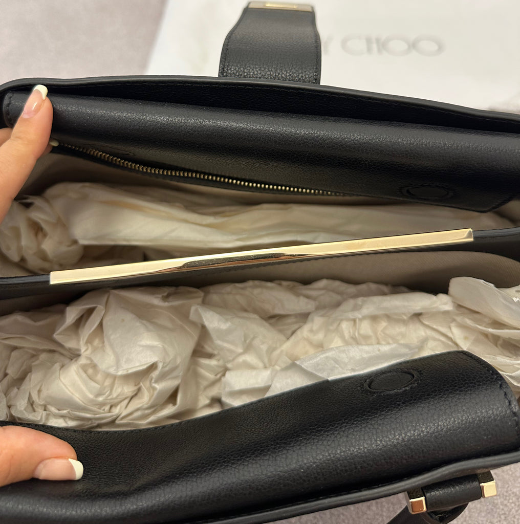 JIMMY CHOO Black Leather Dual Handle Gold Tone Branded Lined Tote Bag Handbag