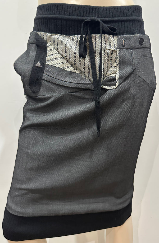 JEAN PAUL GAULTIER FEMME Grey & Black Wool Blend Elasticated Waist Pencil Skirt