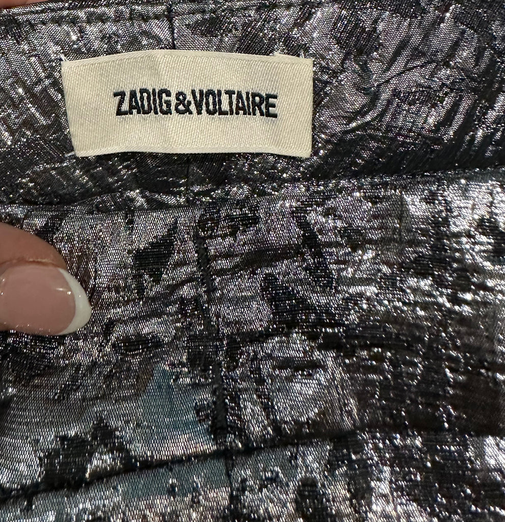 ZADIG & VOLTAIRE Silver Metallic Sheen Textured Crop Capri Trousers Pants 38 M