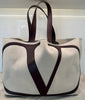 VALENTINO Cream Neutral Canvas & Brown Leather V-Logo Large Tote Bag