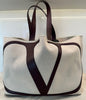 VALENTINO Cream Neutral Canvas & Brown Leather V-Logo Large Tote Bag