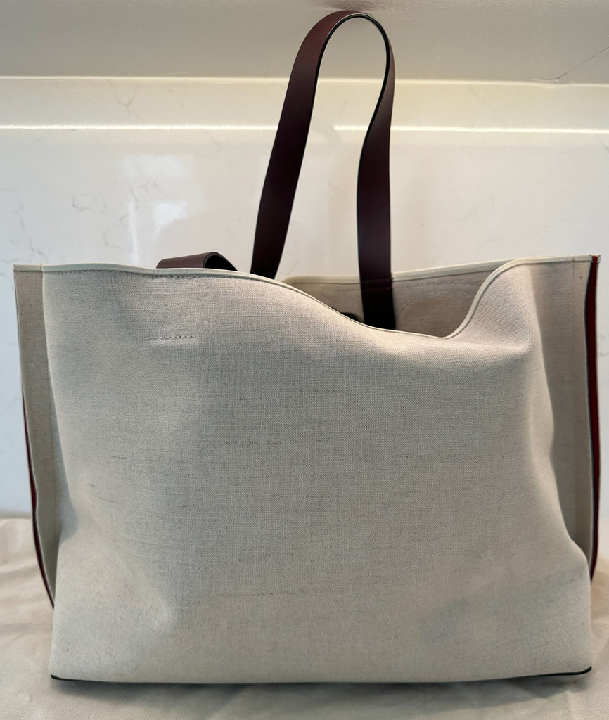 VALENTINO Cream Neutral Canvas & Brown Leather V-Logo Large Tote Bag