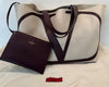 VALENTINO Cream Neutral Canvas & Brown Leather V-Logo Large Tote Bag