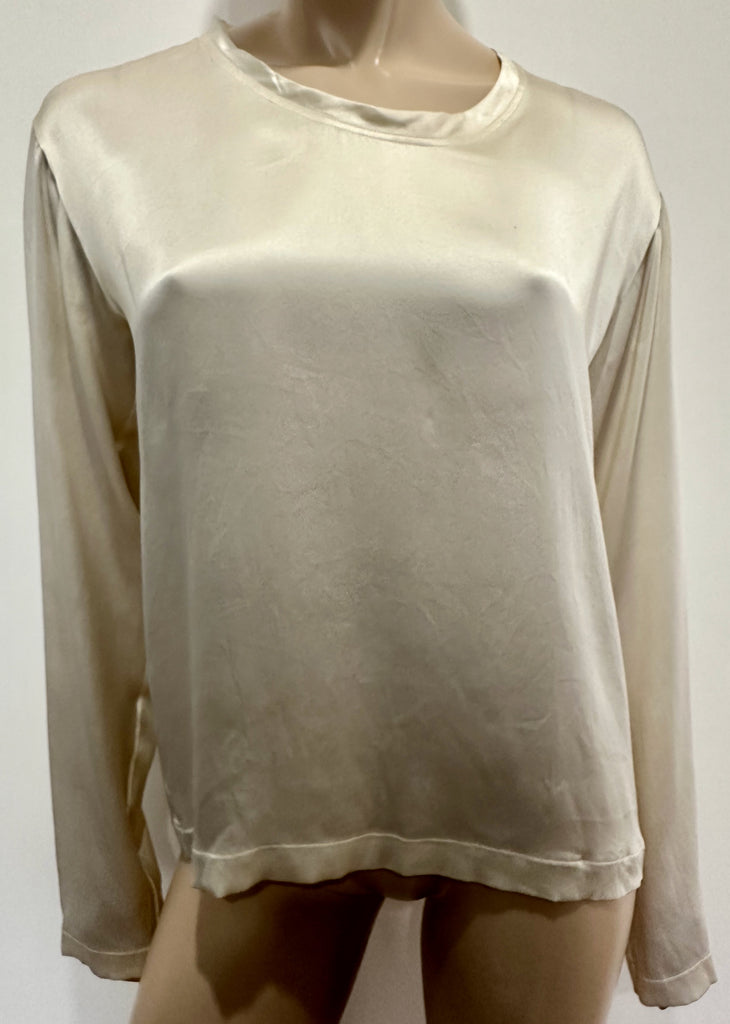 YVES SAINT LAURENT RIVE GAUCHE Cream 100% Silk Sheen Long Sleeve Blouse Top M