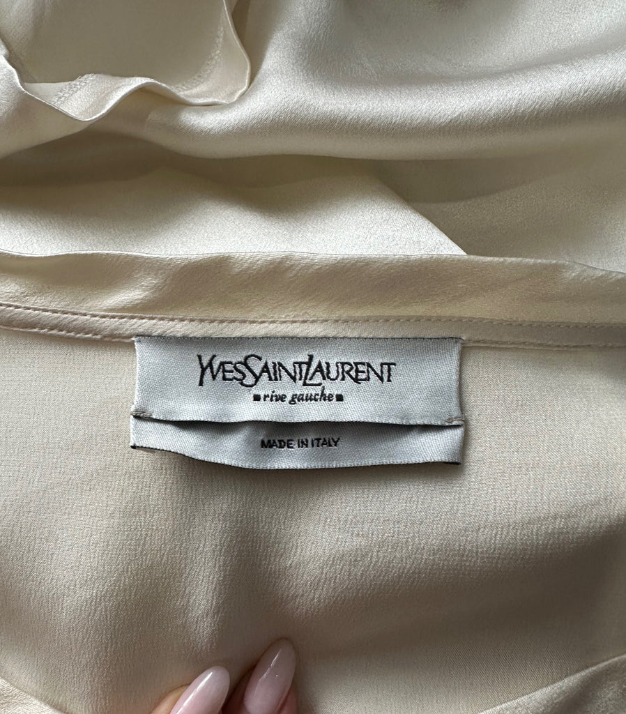 YVES SAINT LAURENT RIVE GAUCHE Cream 100% Silk Sheen Long Sleeve Blouse Top M