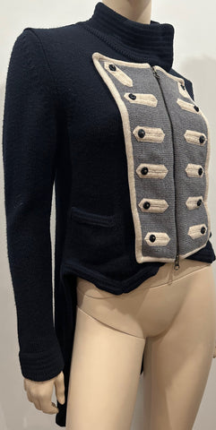 3.1 PHILLIP LIM Navy Blue Textured Virgin Wool & Black Sheen Blazer Jacket UK12