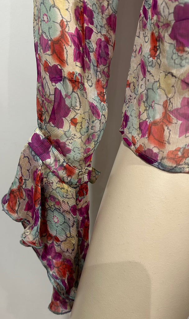 BLUMARINE Multi Colour Silk Ruffle Front Floral Print Sheer Blouse Shirt Top