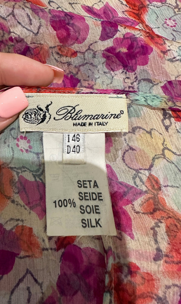 BLUMARINE Multi Colour Silk Ruffle Front Floral Print Sheer Blouse Shirt Top