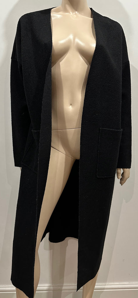 MANGO SUIT Women's Black Wool Blend Open Front Long Length Jacket Over Coat S