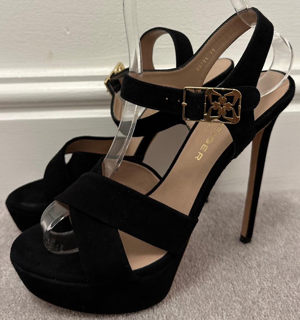 KURT GEIGER Black Suede Open Toe High Stiletto Heel Platform Sandals Shoes UK6