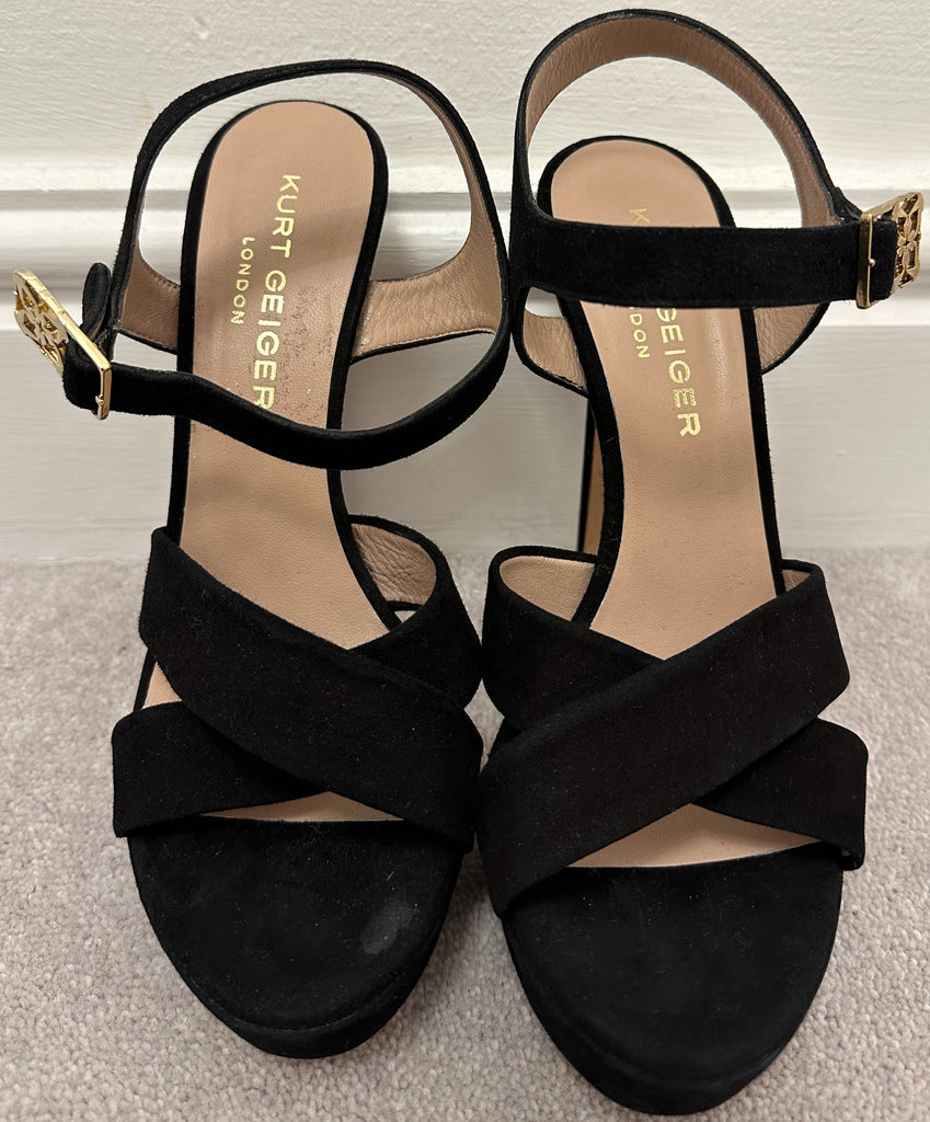 KURT GEIGER Black Suede Open Toe High Stiletto Heel Platform Sandals Shoes UK6