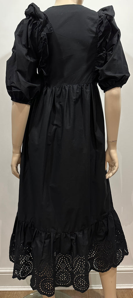 MANGO MNG Black Cotton V Neck Short Sleeve Embroidery Trim Long Maxi Dress XS