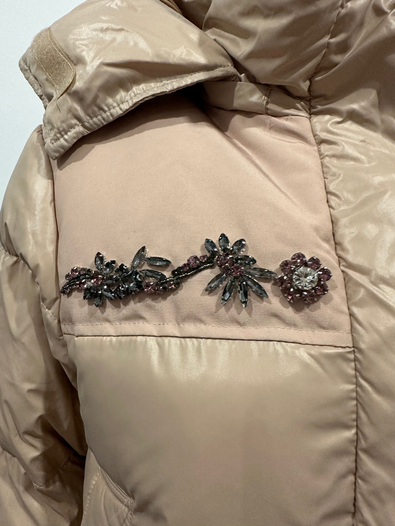 MONCLER Dusky Pink Jewelled Detail Detachable Hood Quilted Down Puffer Jacket