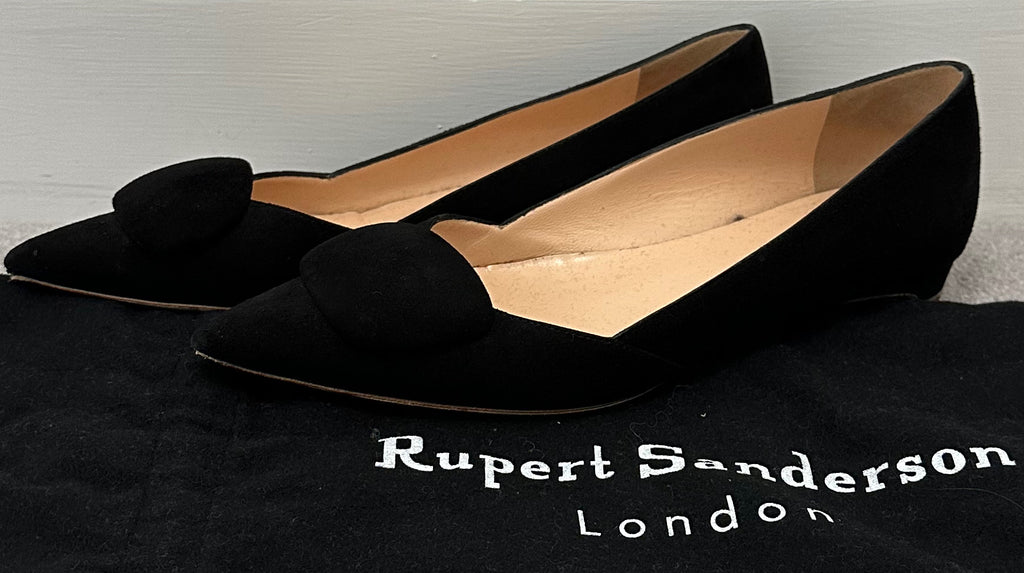RUPERT SANDERSON Black Suede Pointed Toe Low Heel Slip On Pumps Shoes 37.5