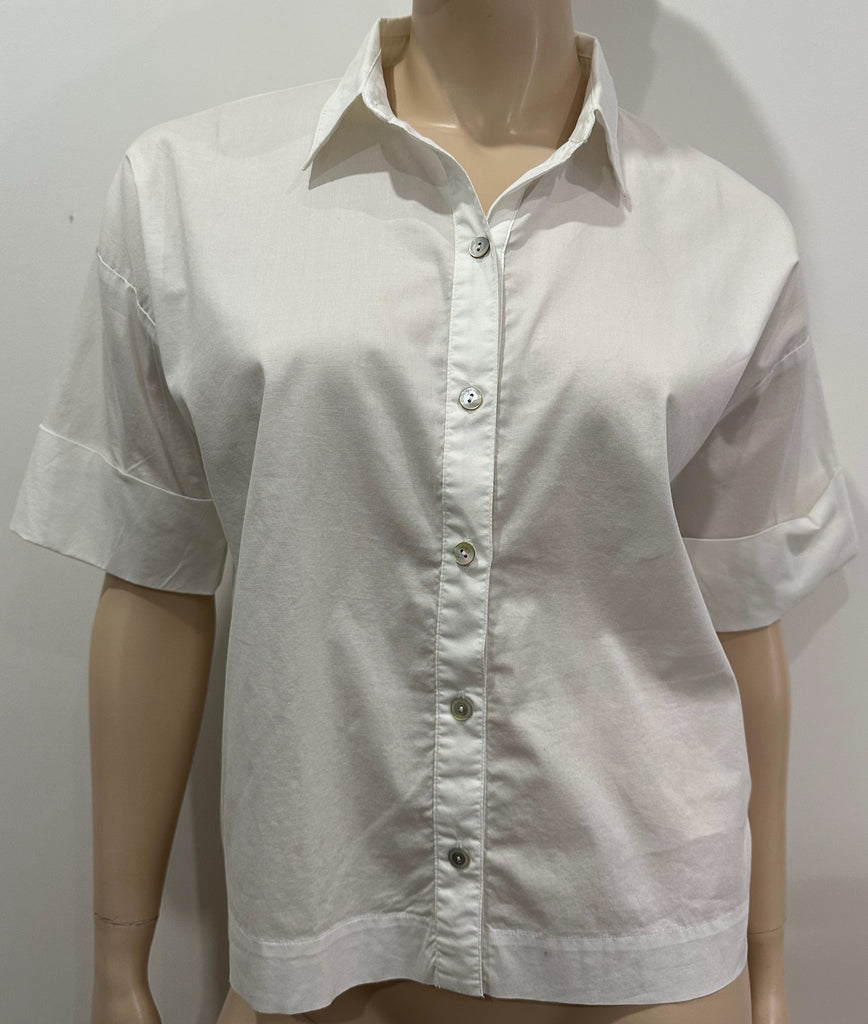 EILEEN FISHER White Cotton Stretch Collared Short Sleeve Blouse Shirt Top XXS