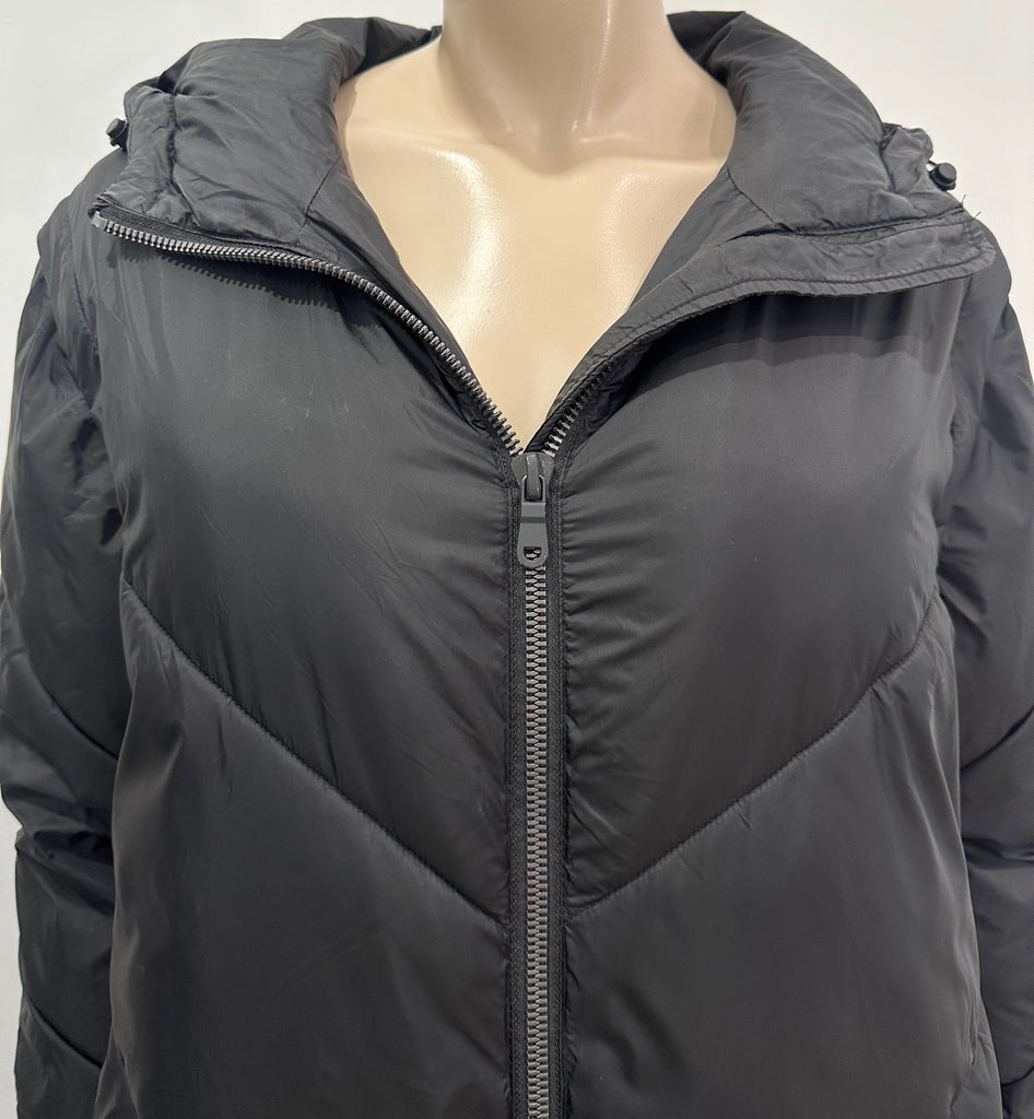 ZARA Women's Black Quilted Hooded Zipper Fastened Long Length Puffer Jacket Coat S