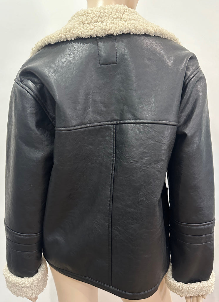 WE THE FREE Women's Black Vegan Leather Double Breasted Lined Aviator Jacket XS