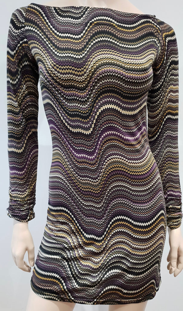 EDEN PARIS Purple Black Beige Stripe Patterned Scoop Neck Long Sleeve Mini Dress