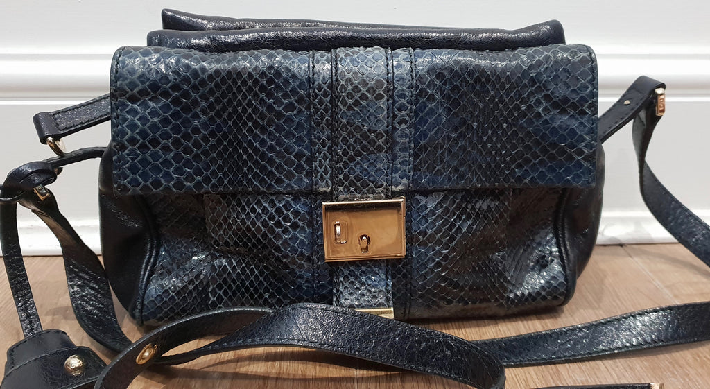 D&G DOLCE & GABBANA Blue Grey Snakeskin Texture & Black Leather Shoulder Bag